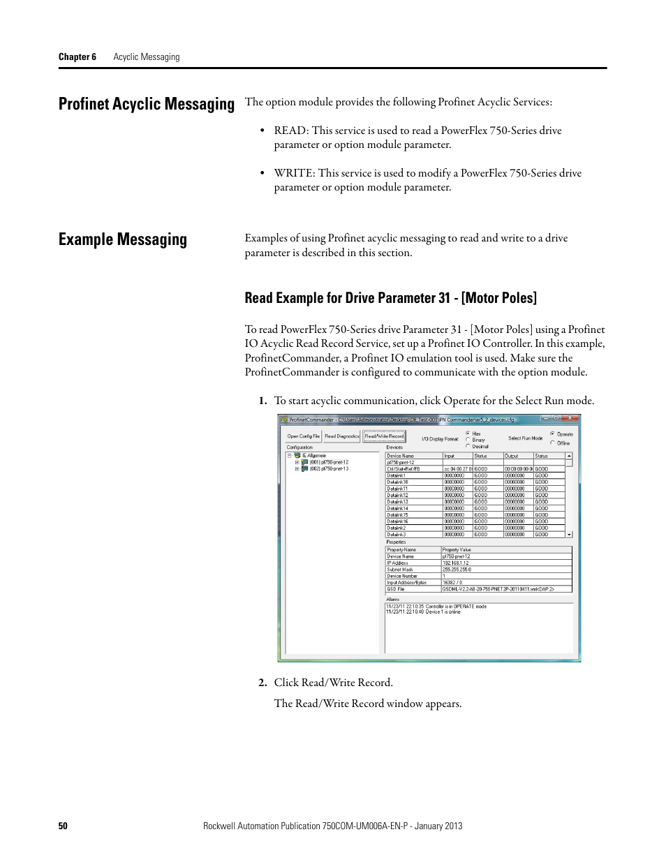 Profinet acyclic messaging, Example messaging, Read example for drive parameter 31 - [motor poles | Profinet acyclic messaging example messaging | Rockwell Automation 20-750-PNET Profinet Single Port Option Module User Manual | Page 50 / 96