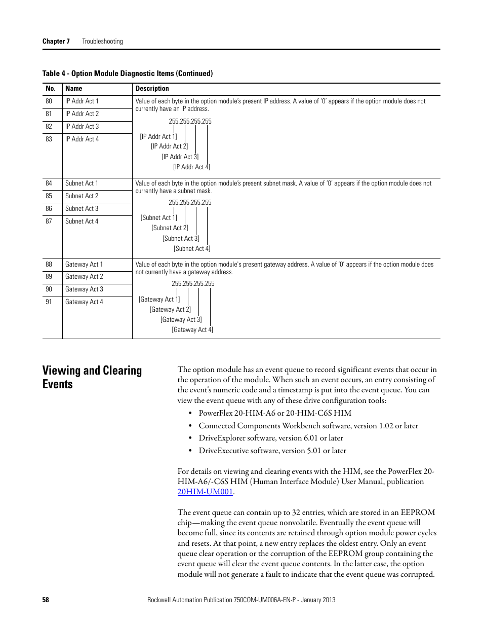 Viewing and clearing events | Rockwell Automation 20-750-PNET Profinet Single Port Option Module User Manual | Page 58 / 96