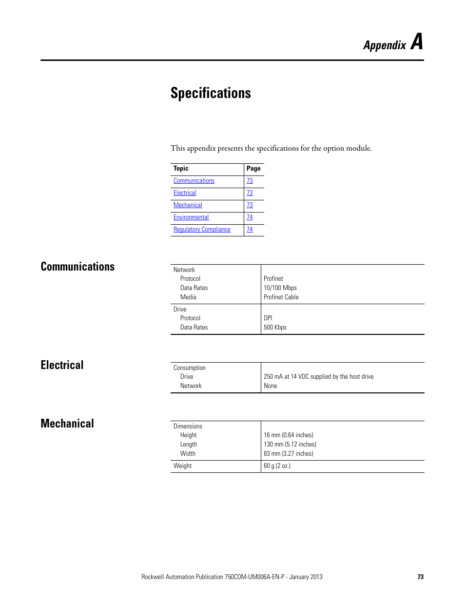 Appendix a, Specifications, Communications | Electrical, Mechanical, Communications electrical mechanical | Rockwell Automation 20-750-PNET Profinet Single Port Option Module User Manual | Page 73 / 96