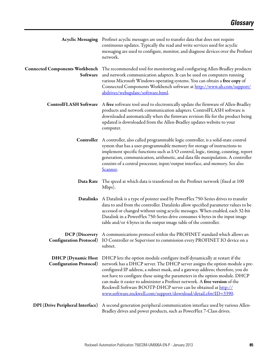 Glossary | Rockwell Automation 20-750-PNET Profinet Single Port Option Module User Manual | Page 85 / 96