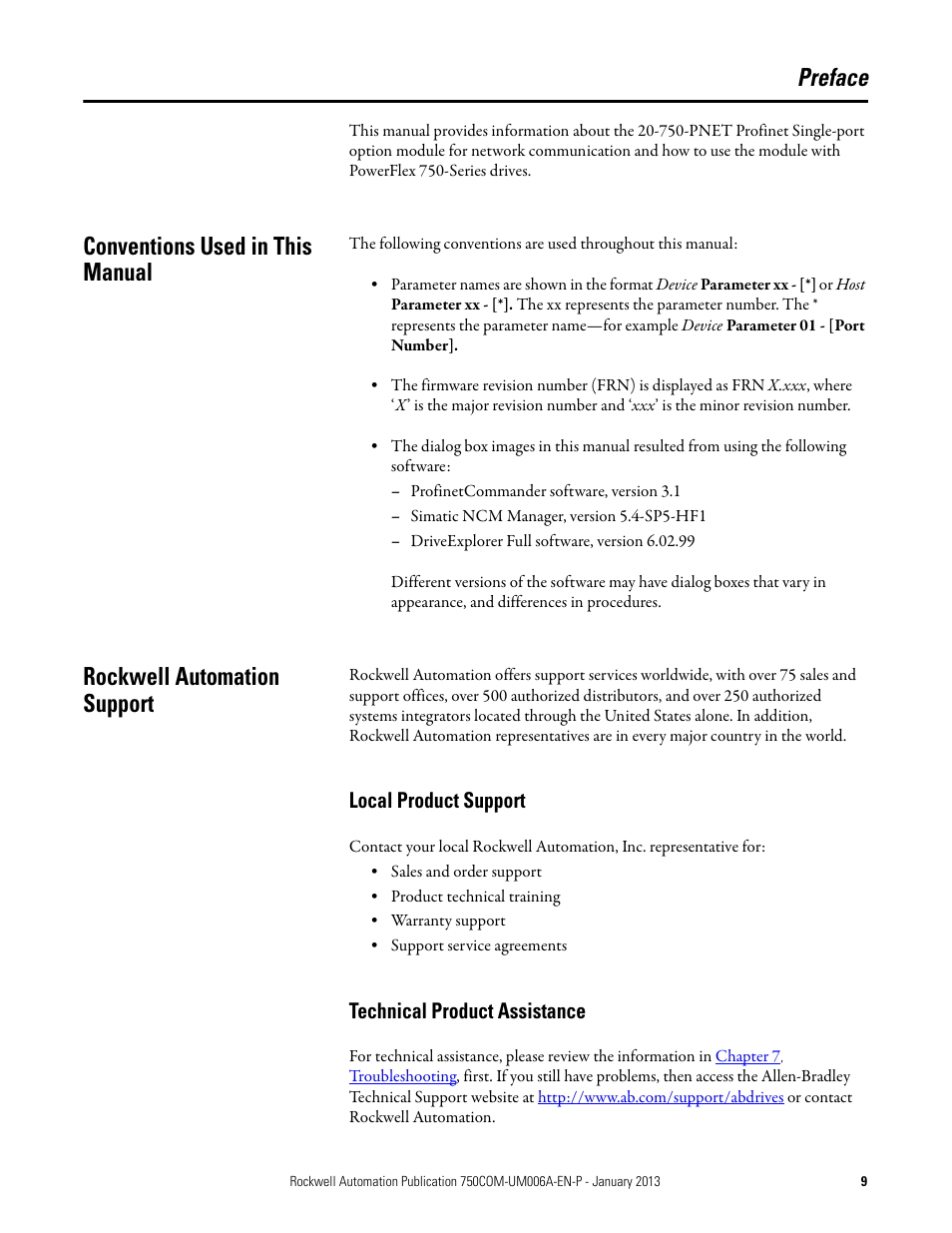 Preface, Conventions used in this manual, Rockwell automation support | Local product support, Technical product assistance | Rockwell Automation 20-750-PNET Profinet Single Port Option Module User Manual | Page 9 / 96