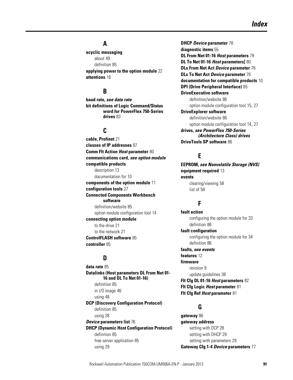 Index | Rockwell Automation 20-750-PNET Profinet Single Port Option Module User Manual | Page 91 / 96