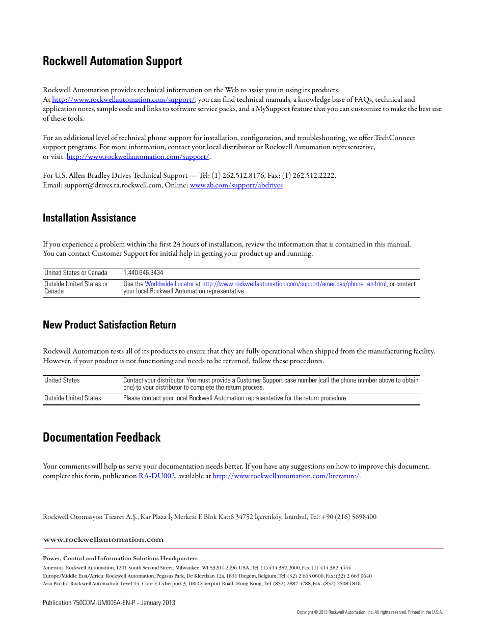 Rockwell automation support, Documentation feedback | Rockwell Automation 20-750-PNET Profinet Single Port Option Module User Manual | Page 96 / 96