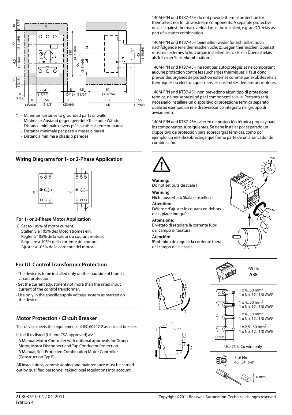 For ul control transformer protection, Wiring diagrams for 1- or 2-phase application, Motor protection / circuit breaker | Wte -a3e | Rockwell Automation 140M-F Motor Protection Circuit Breaker User Manual | Page 2 / 2