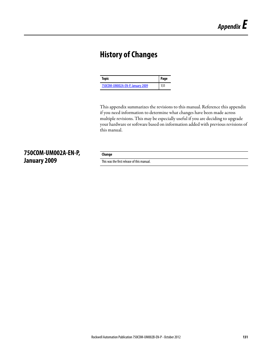 Appendix e, History of changes, 750com-um002a-en-p, january 2009 | Rockwell Automation 20-750-DNET PowerFlex DeviceNet Option Module User Manual | Page 131 / 144