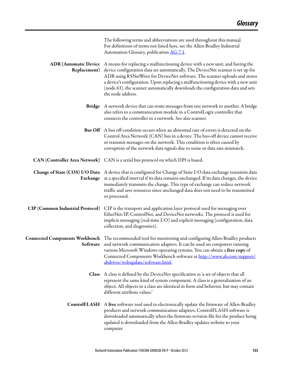 Glossary | Rockwell Automation 20-750-DNET PowerFlex DeviceNet Option Module User Manual | Page 133 / 144