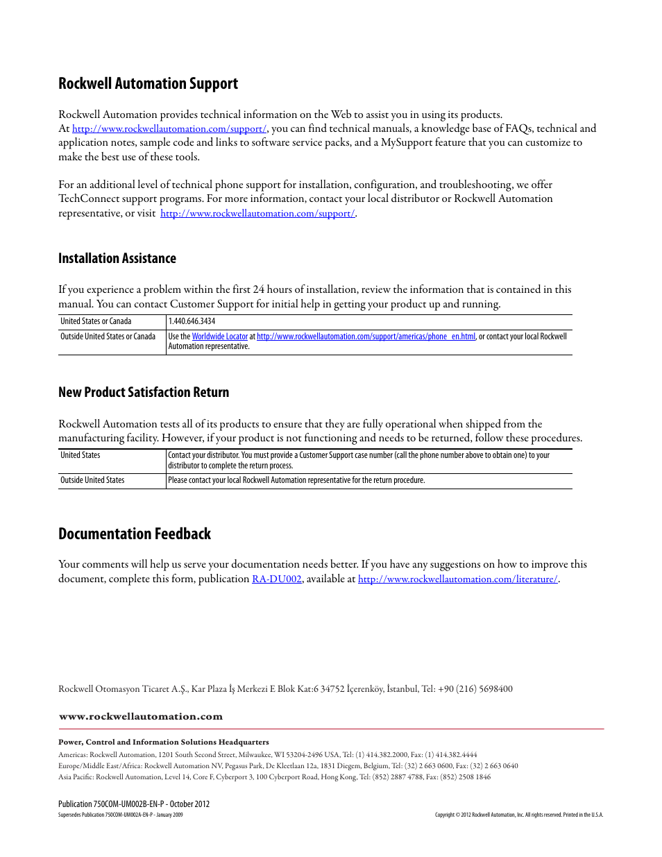 Rockwell automation support, Documentation feedback | Rockwell Automation 20-750-DNET PowerFlex DeviceNet Option Module User Manual | Page 144 / 144