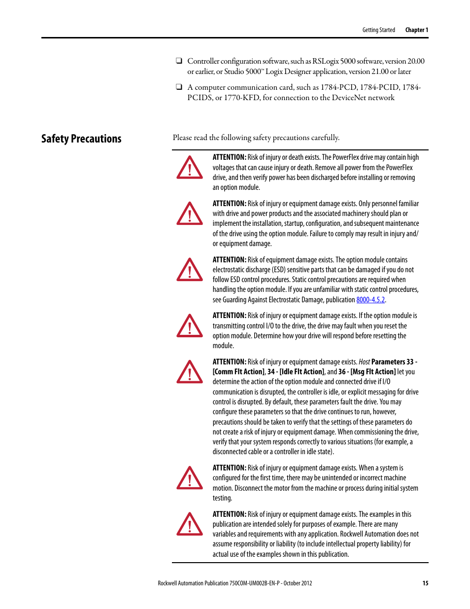 Safety precautions | Rockwell Automation 20-750-DNET PowerFlex DeviceNet Option Module User Manual | Page 15 / 144