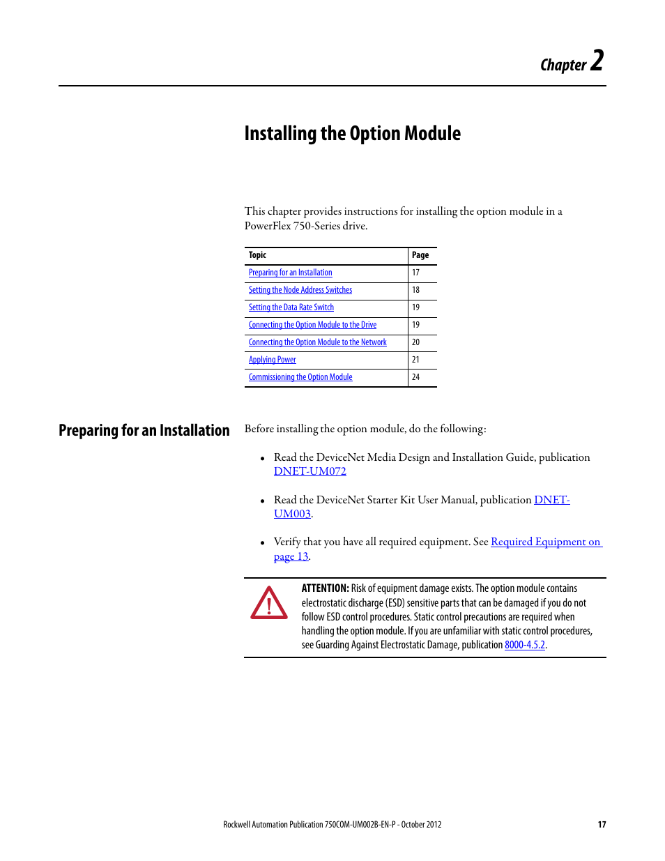 Chapter 2, Installing the option module, Preparing for an installation | Rockwell Automation 20-750-DNET PowerFlex DeviceNet Option Module User Manual | Page 17 / 144