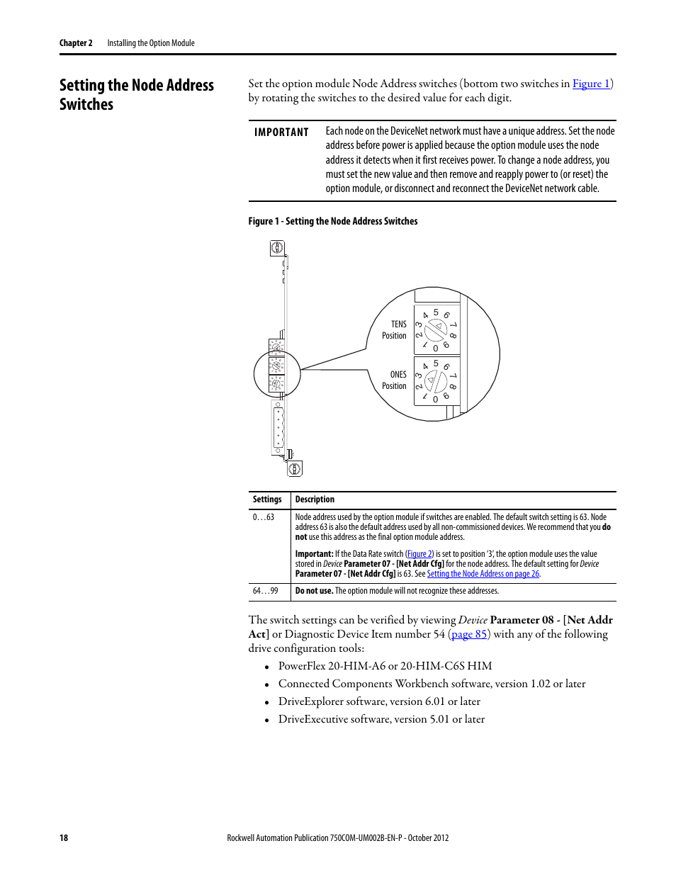 Setting the node address switches, Setting the node | Rockwell Automation 20-750-DNET PowerFlex DeviceNet Option Module User Manual | Page 18 / 144