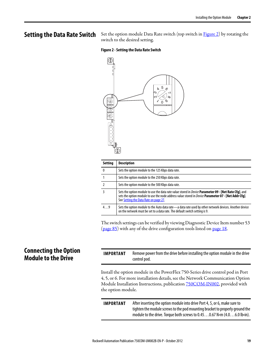 Setting the data rate switch, Connecting the option module to the drive | Rockwell Automation 20-750-DNET PowerFlex DeviceNet Option Module User Manual | Page 19 / 144