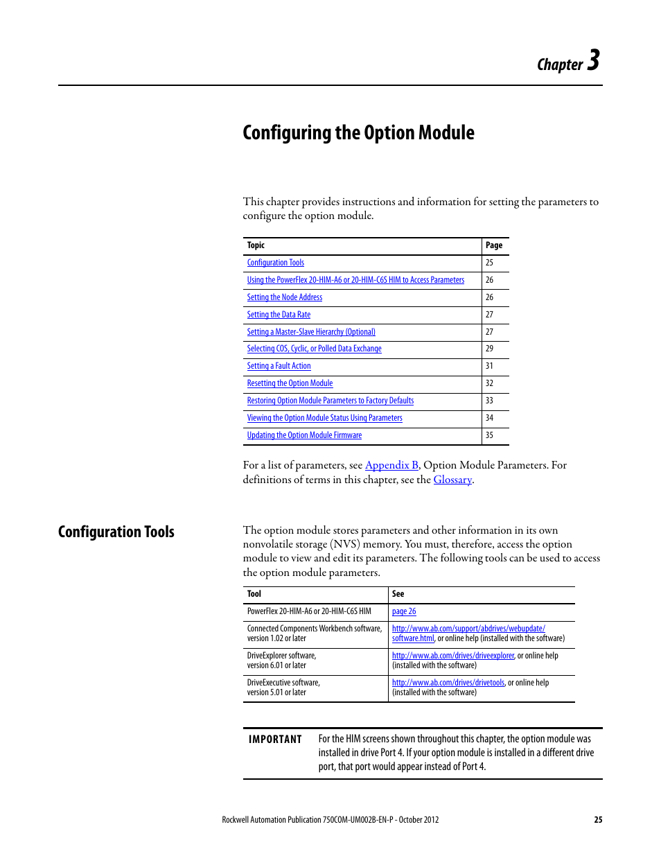 Chapter 3, Configuring the option module, Configuration tools | Rockwell Automation 20-750-DNET PowerFlex DeviceNet Option Module User Manual | Page 25 / 144