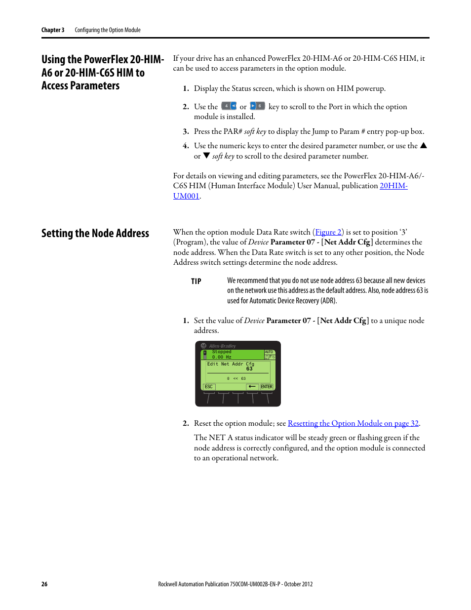 Setting the node address, Using the powerflex 20-him-a6 or 20-him-c6s him to, Access parameters | Rockwell Automation 20-750-DNET PowerFlex DeviceNet Option Module User Manual | Page 26 / 144