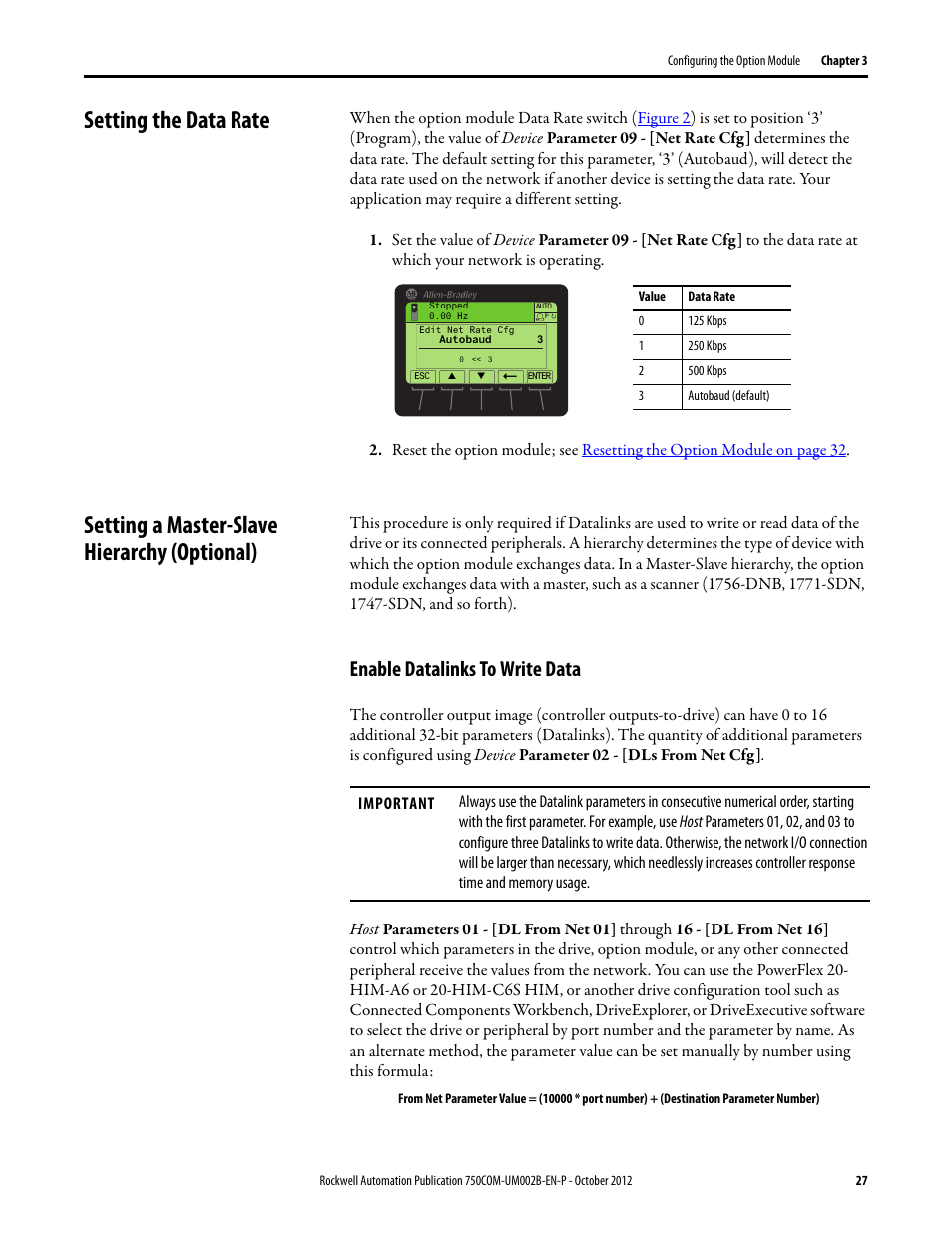 Setting the data rate, Setting a master-slave hierarchy (optional), Enable datalinks to write data | Rockwell Automation 20-750-DNET PowerFlex DeviceNet Option Module User Manual | Page 27 / 144