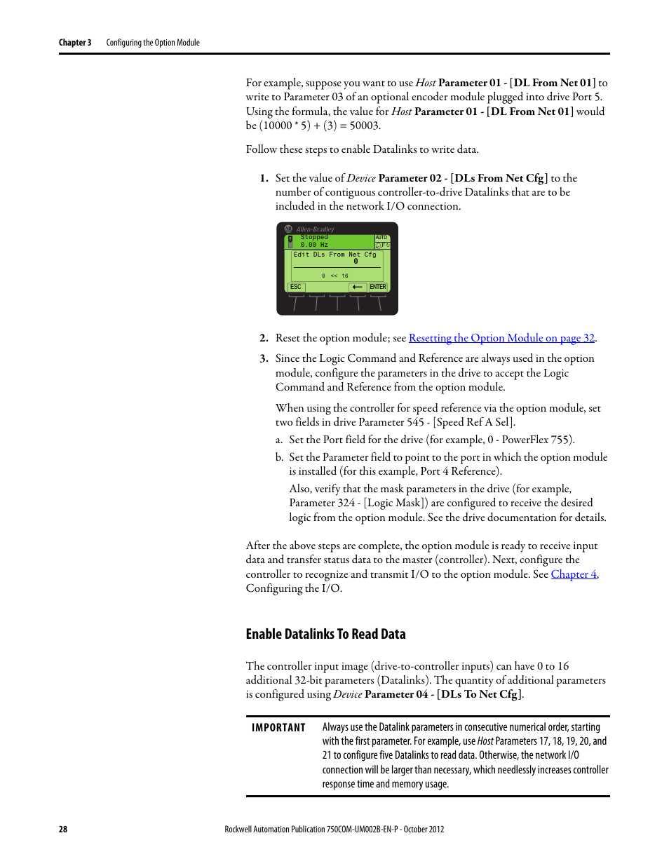 Enable datalinks to read data | Rockwell Automation 20-750-DNET PowerFlex DeviceNet Option Module User Manual | Page 28 / 144