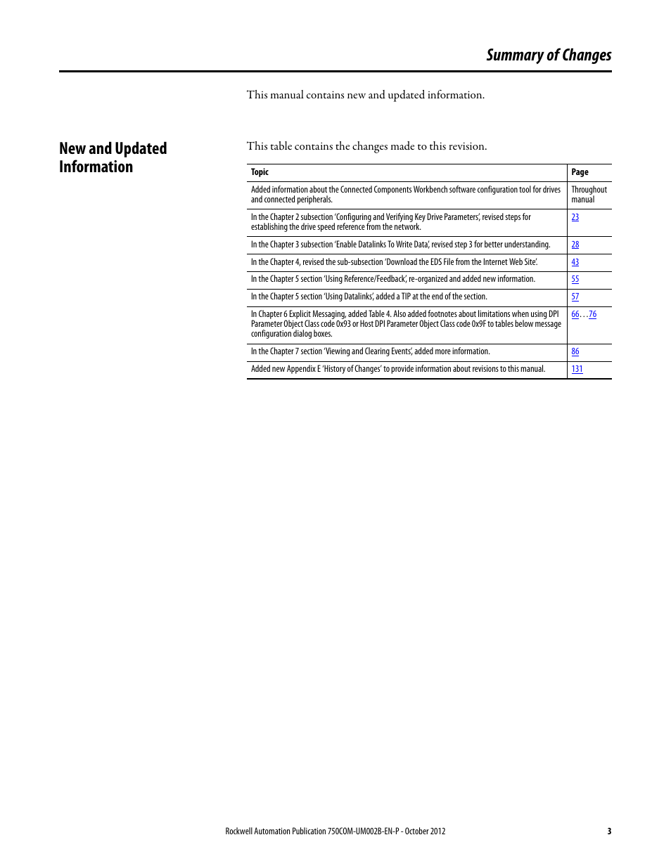 Summary of changes, New and updated information | Rockwell Automation 20-750-DNET PowerFlex DeviceNet Option Module User Manual | Page 3 / 144