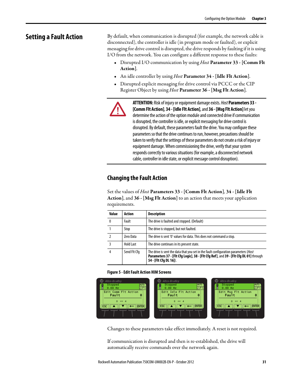 Setting a fault action, Changing the fault action | Rockwell Automation 20-750-DNET PowerFlex DeviceNet Option Module User Manual | Page 31 / 144