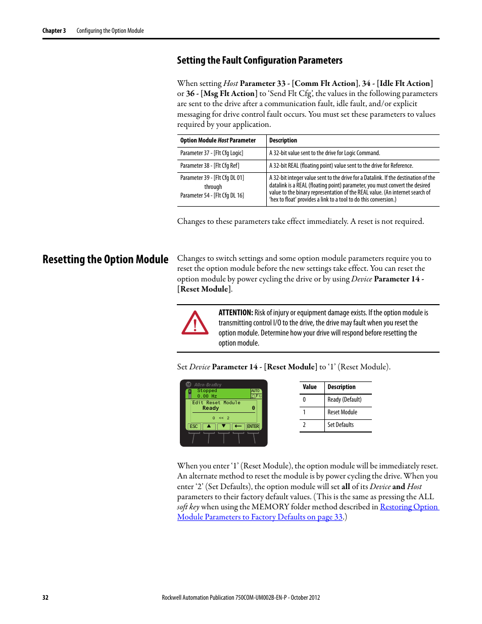 Setting the fault configuration parameters, Resetting the option module | Rockwell Automation 20-750-DNET PowerFlex DeviceNet Option Module User Manual | Page 32 / 144