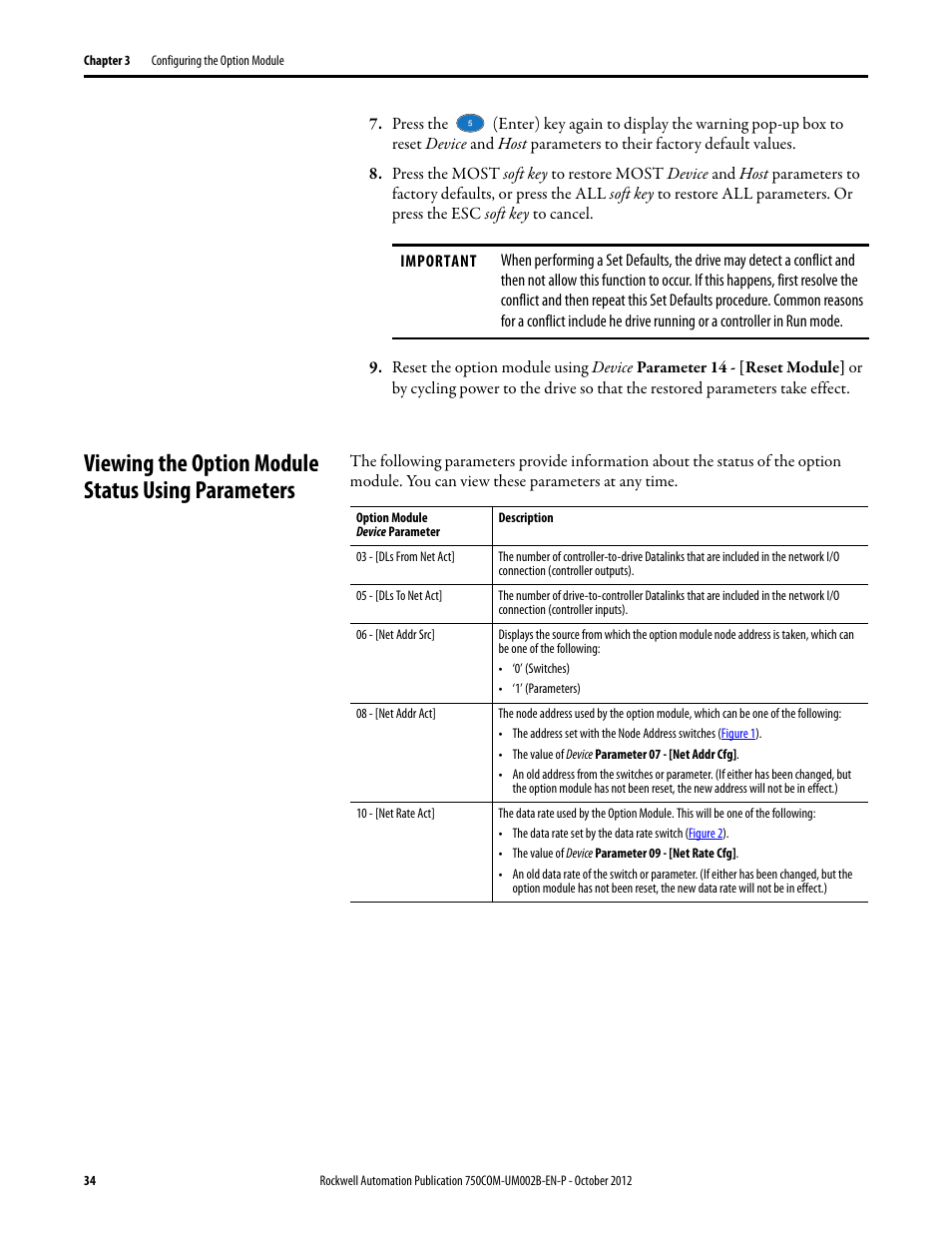 Viewing the option module status using parameters | Rockwell Automation 20-750-DNET PowerFlex DeviceNet Option Module User Manual | Page 34 / 144
