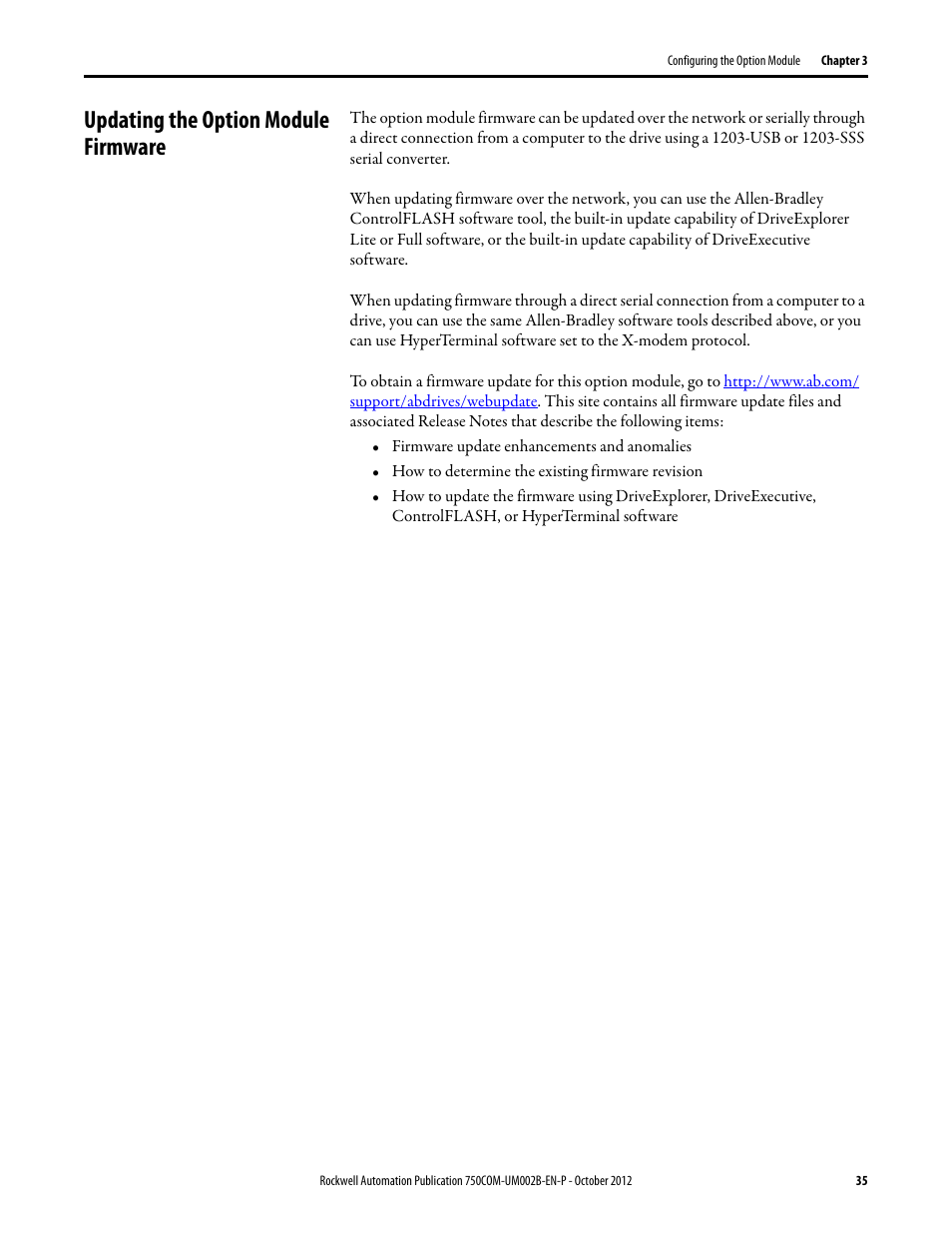 Updating the option module firmware | Rockwell Automation 20-750-DNET PowerFlex DeviceNet Option Module User Manual | Page 35 / 144