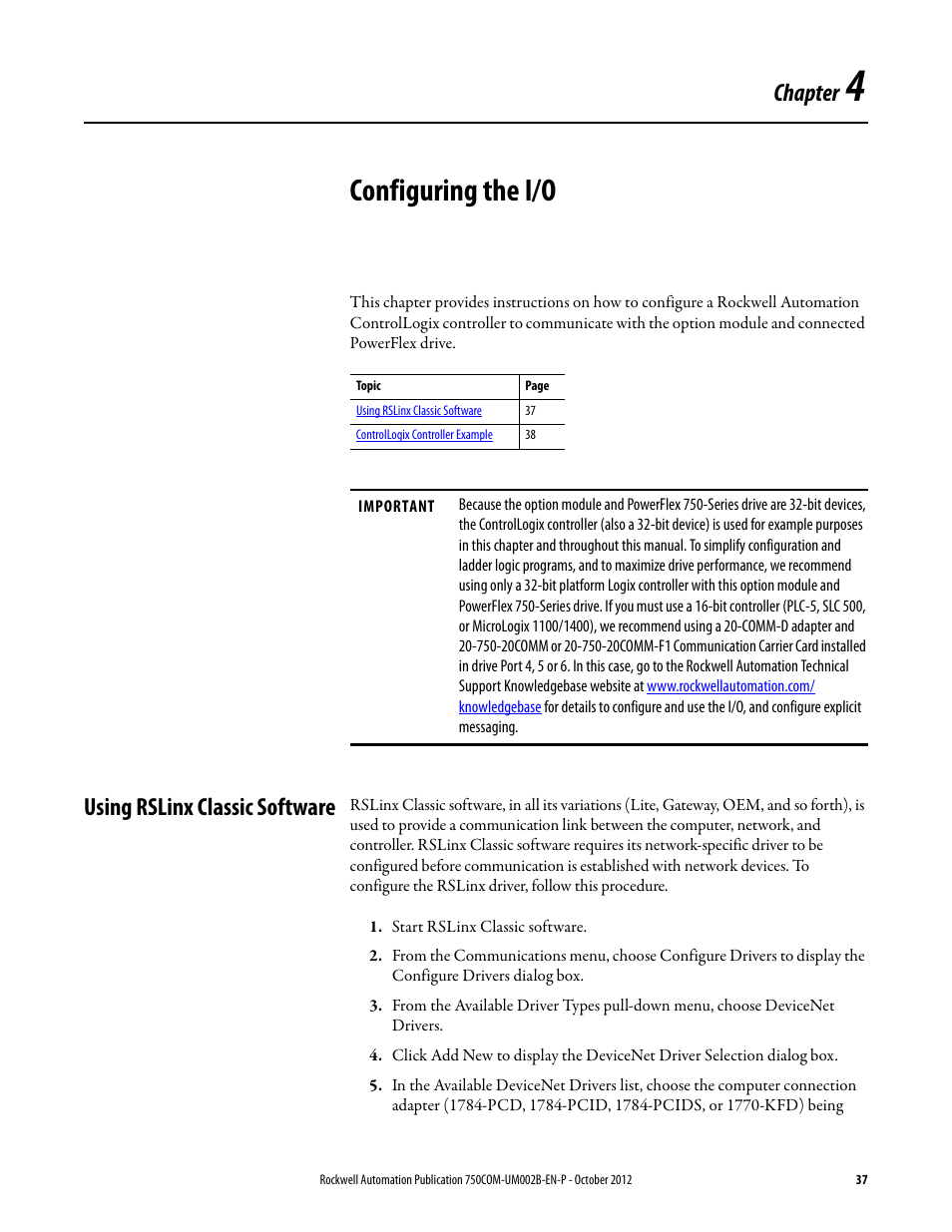 Chapter 4, Configuring the i/o, Using rslinx classic software | Configuring the i/o) | Rockwell Automation 20-750-DNET PowerFlex DeviceNet Option Module User Manual | Page 37 / 144