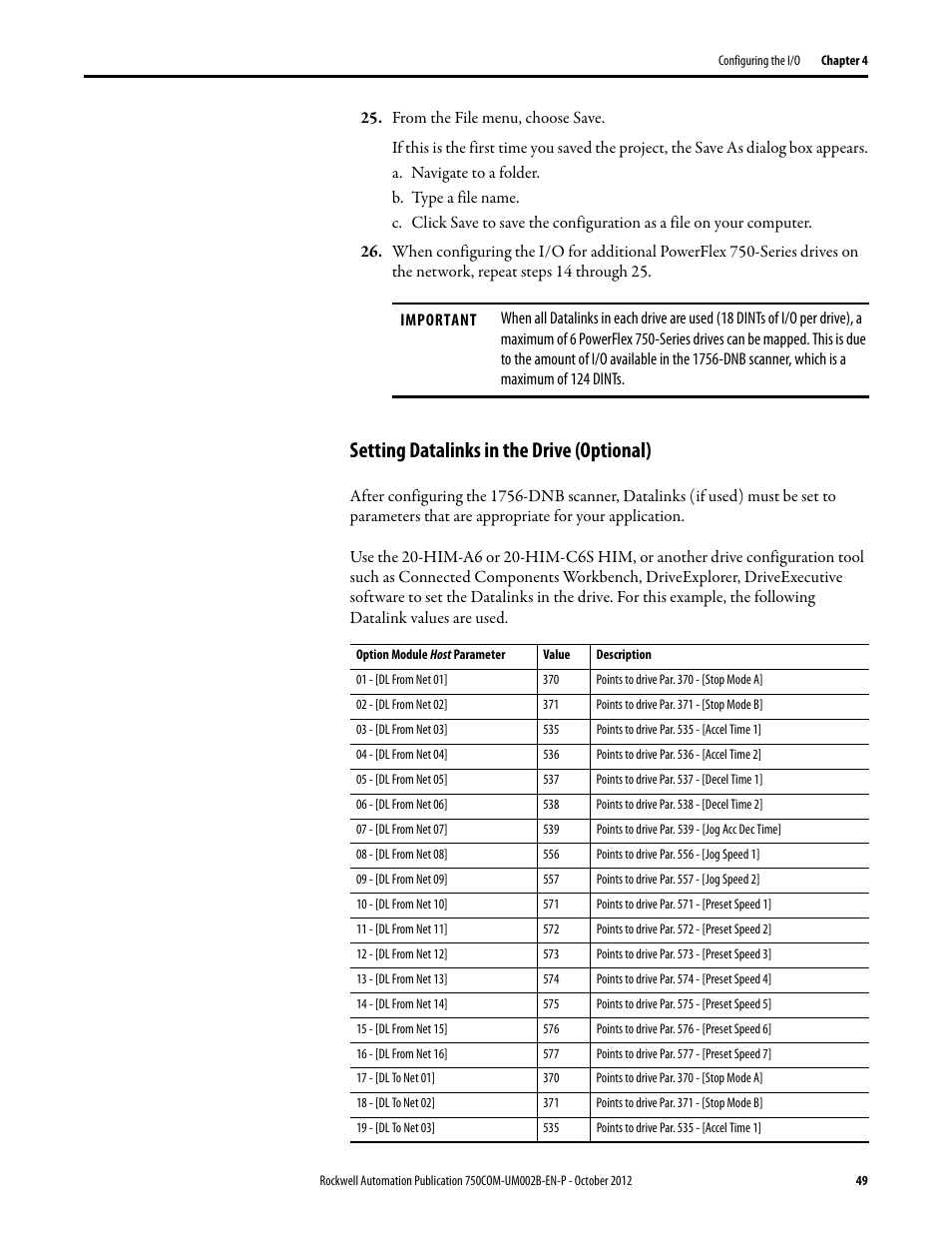 Setting datalinks in the drive (optional) | Rockwell Automation 20-750-DNET PowerFlex DeviceNet Option Module User Manual | Page 49 / 144