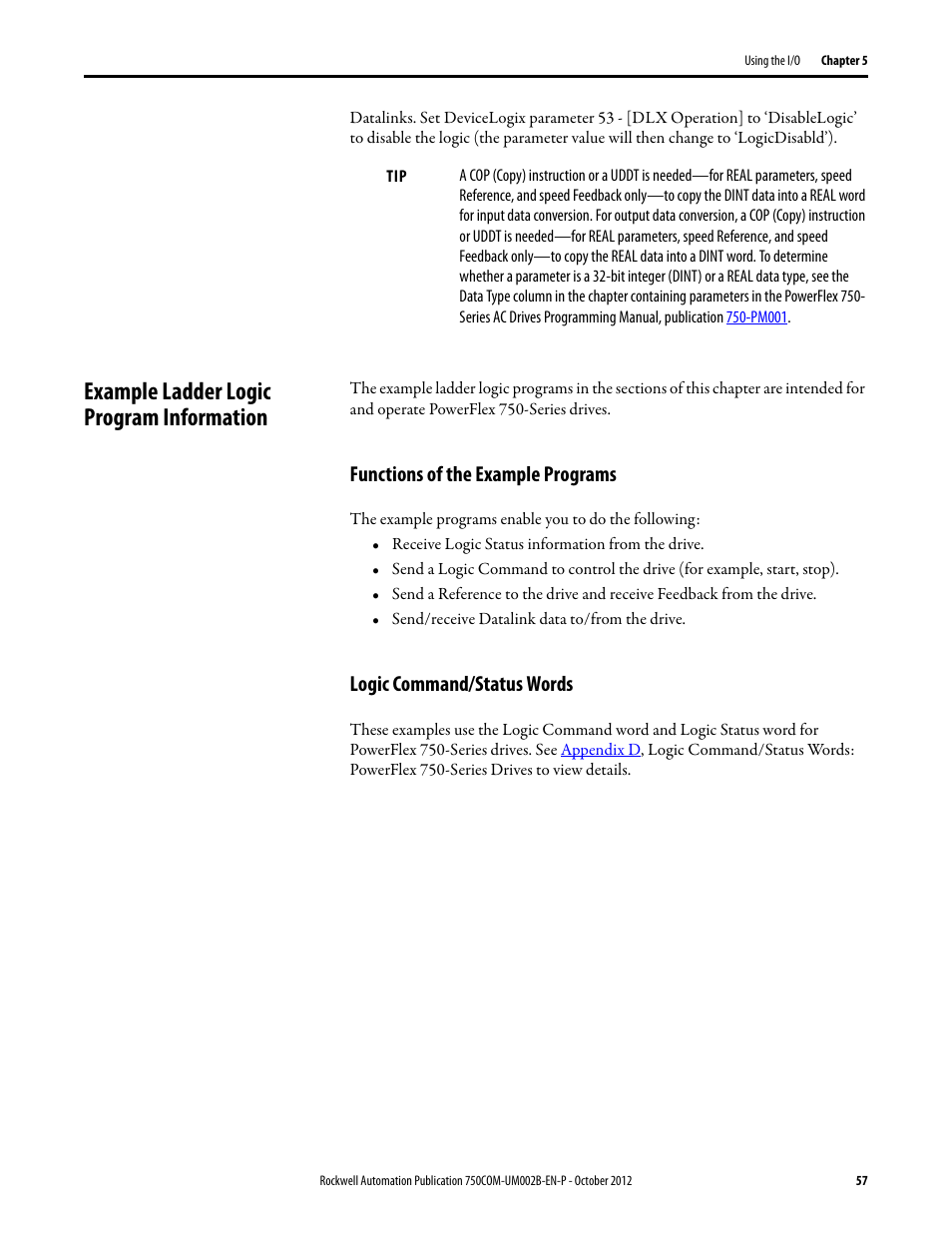 Example ladder logic program information, Functions of the example programs, Logic command/status words | Rockwell Automation 20-750-DNET PowerFlex DeviceNet Option Module User Manual | Page 57 / 144