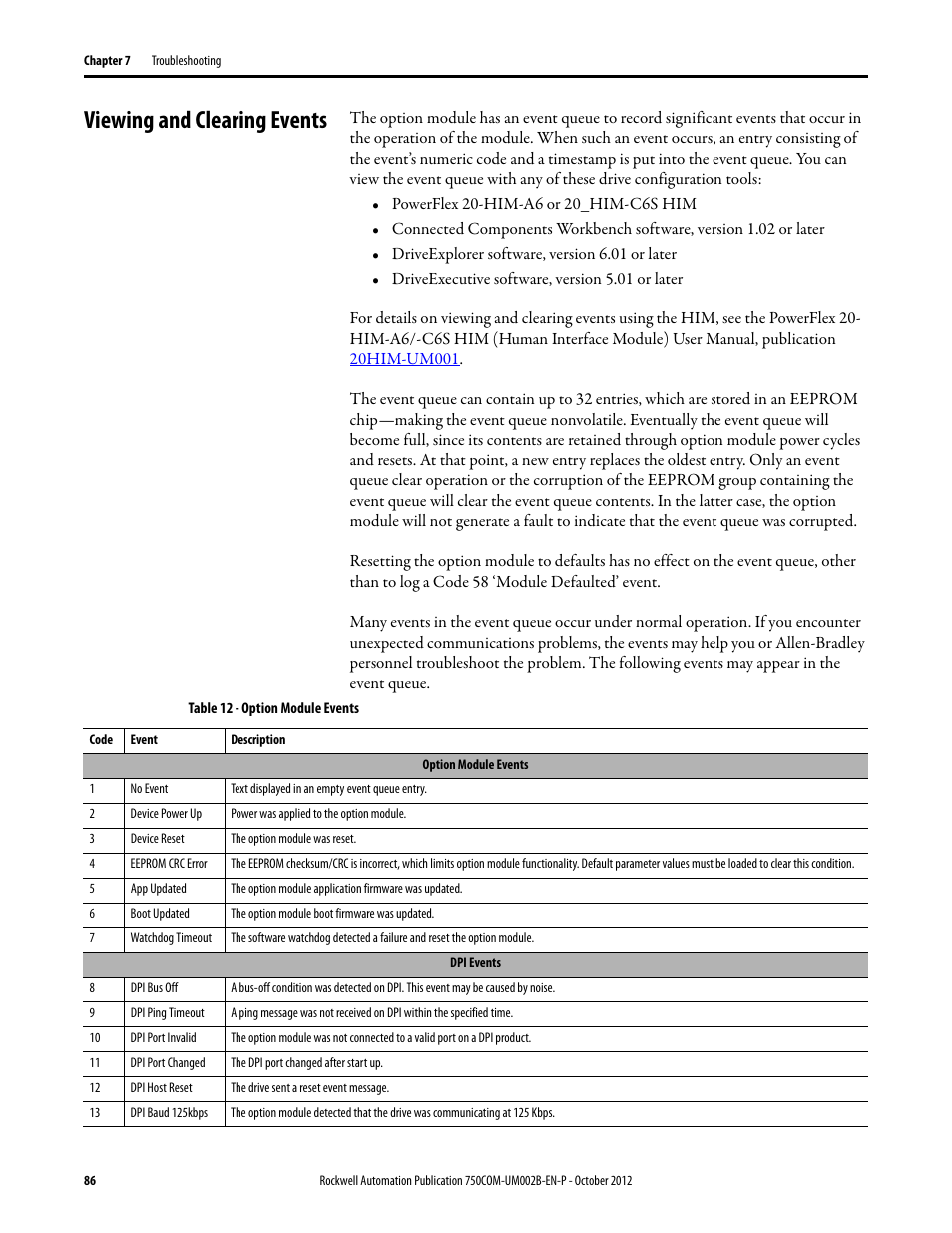 Viewing and clearing events | Rockwell Automation 20-750-DNET PowerFlex DeviceNet Option Module User Manual | Page 86 / 144