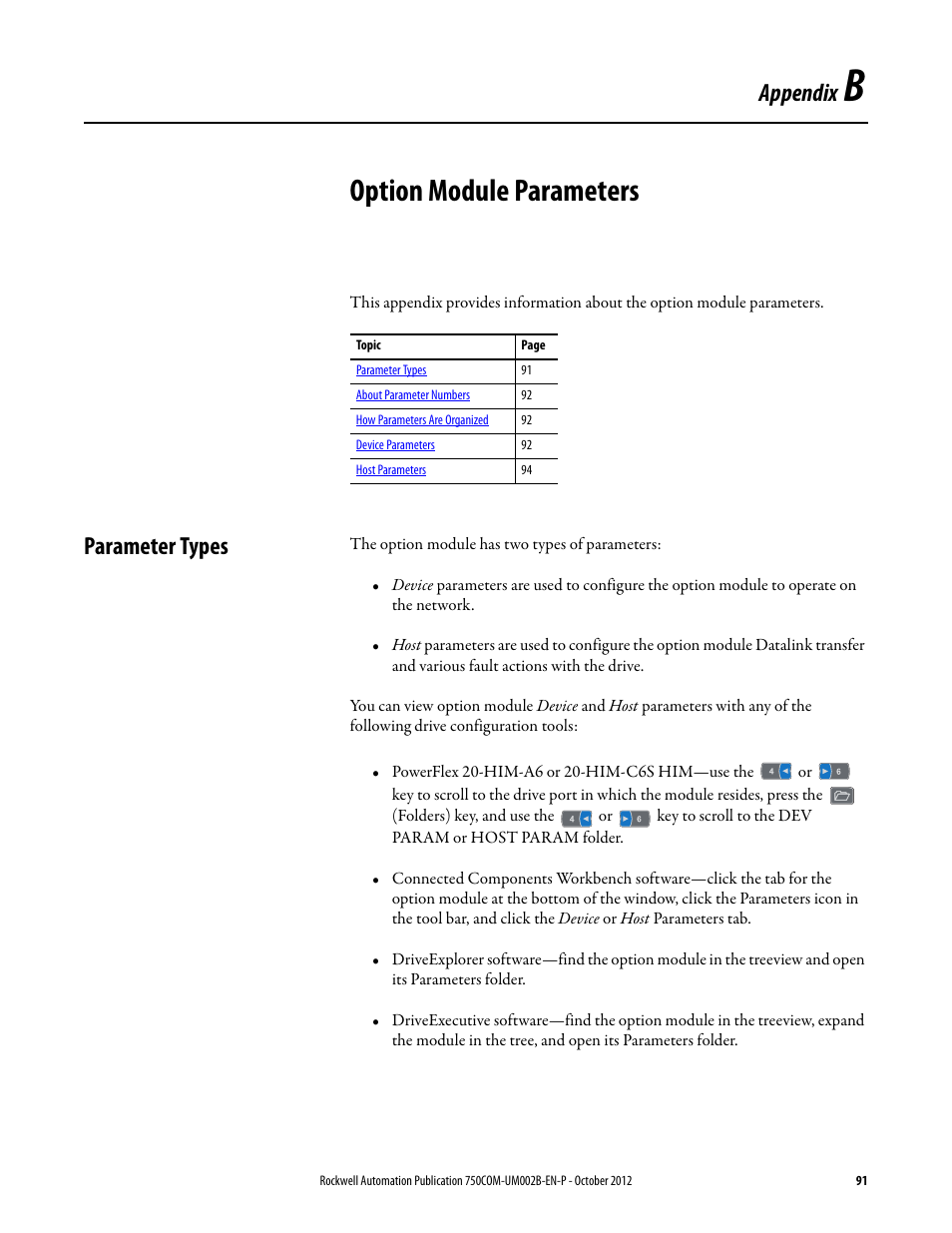 Appendix b, Option module parameters, Parameter types | Rockwell Automation 20-750-DNET PowerFlex DeviceNet Option Module User Manual | Page 91 / 144