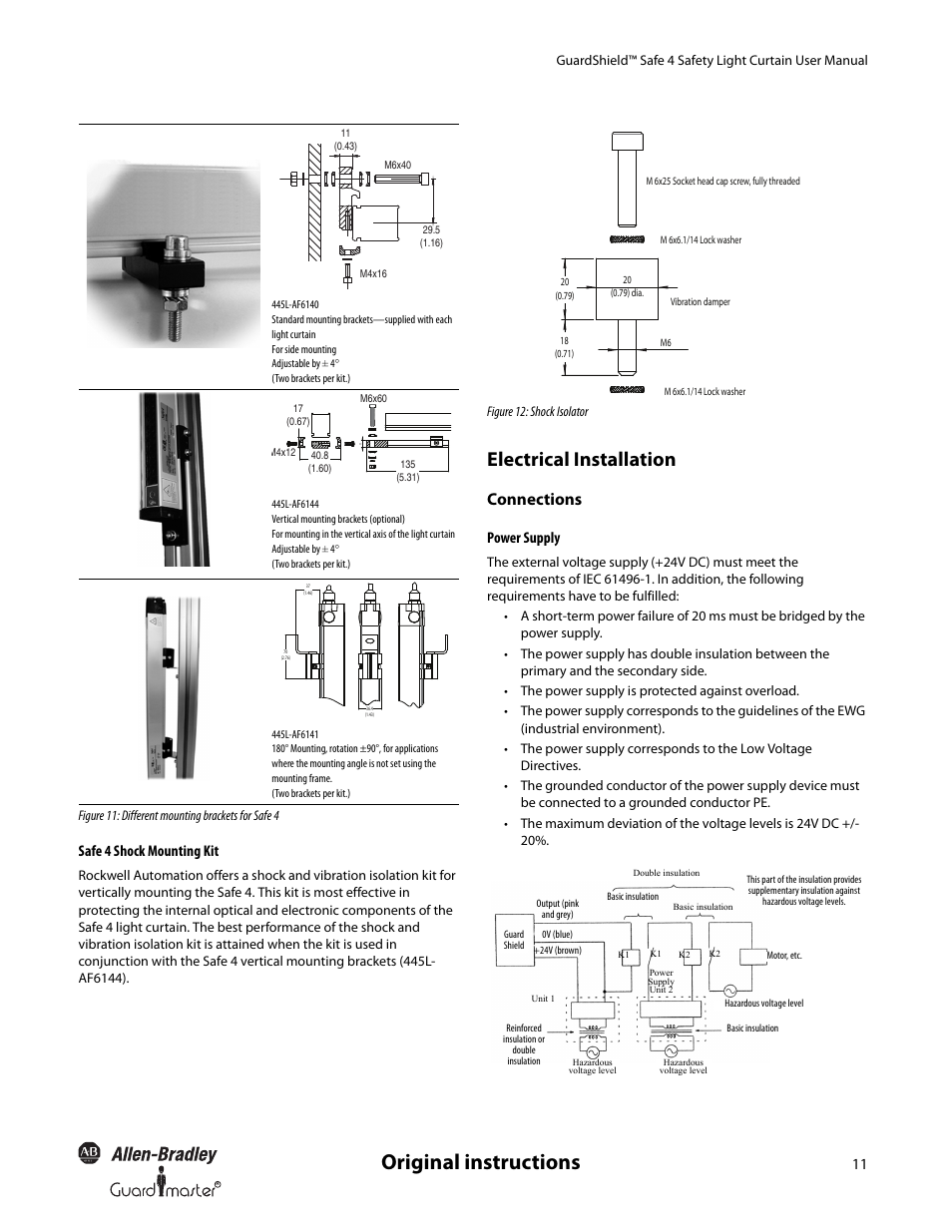 Original instructions, Electrical installation, Connections | Safe 4 shock mounting kit, Power supply | Rockwell Automation 445L GuardShield Safe 4 and Safe 4 PAC Safety Light Curtains User Manual User Manual | Page 13 / 40