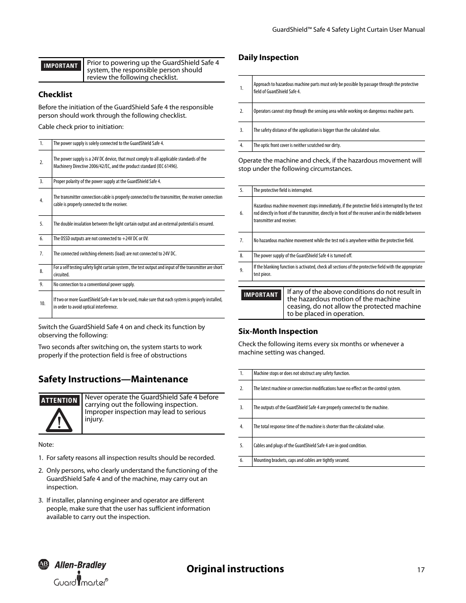 Original instructions, Safety instructions—maintenance, Checklist | Daily inspection, Six-month inspection | Rockwell Automation 445L GuardShield Safe 4 and Safe 4 PAC Safety Light Curtains User Manual User Manual | Page 19 / 40