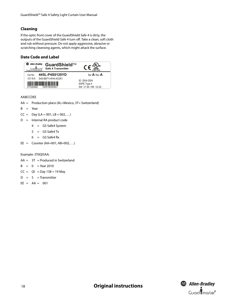 Original instructions, Guardshield, Cleaning | Date code and label | Rockwell Automation 445L GuardShield Safe 4 and Safe 4 PAC Safety Light Curtains User Manual User Manual | Page 20 / 40
