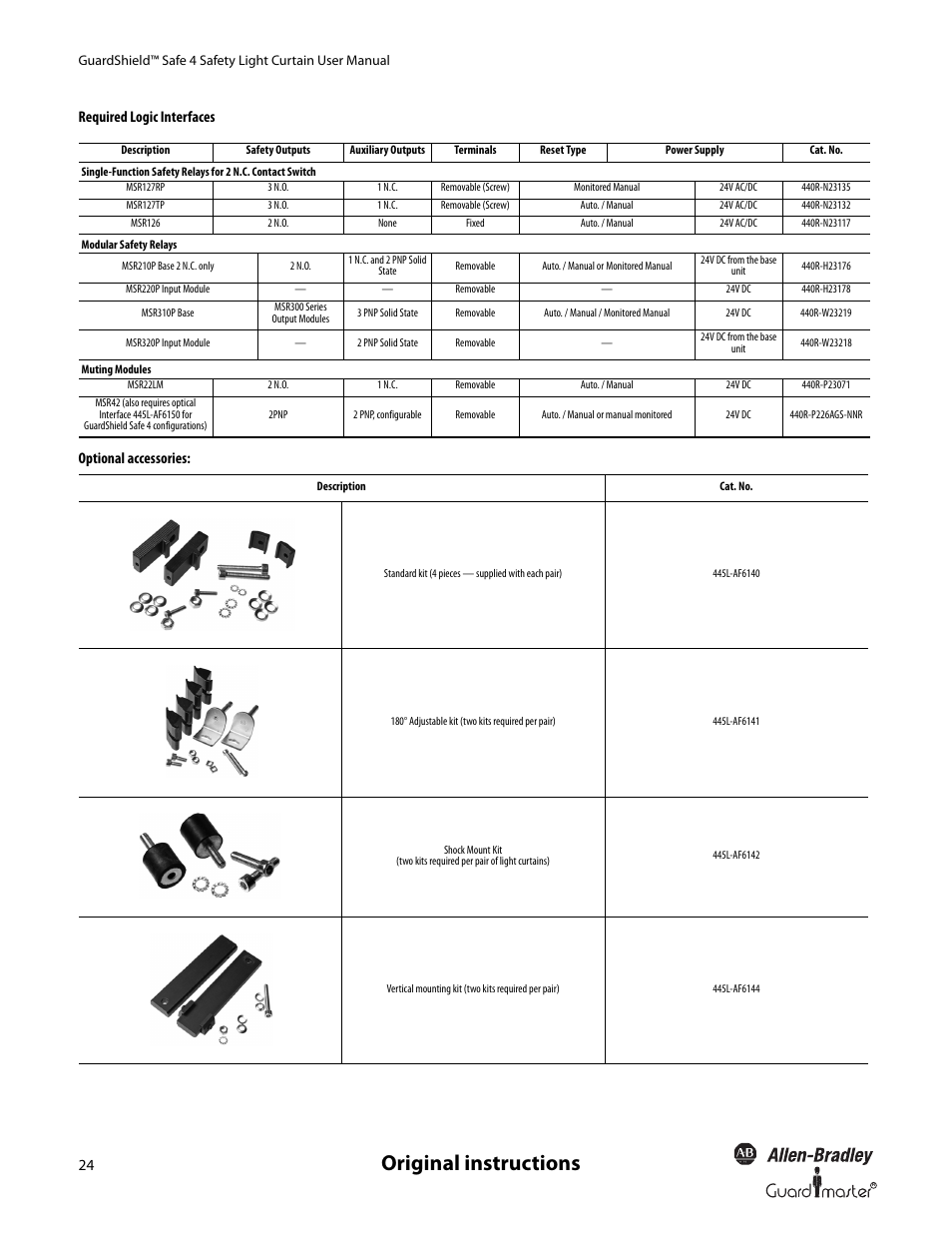 Original instructions, Required logic interfaces optional accessories | Rockwell Automation 445L GuardShield Safe 4 and Safe 4 PAC Safety Light Curtains User Manual User Manual | Page 26 / 40
