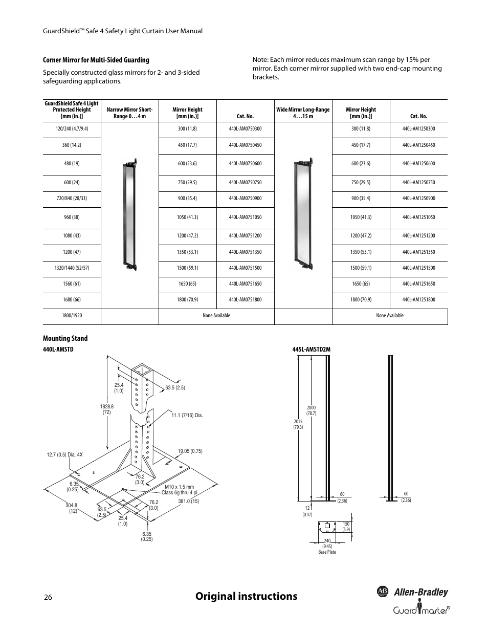 Original instructions, Corner mirror for multi-sided guarding, Mounting stand | Rockwell Automation 445L GuardShield Safe 4 and Safe 4 PAC Safety Light Curtains User Manual User Manual | Page 28 / 40