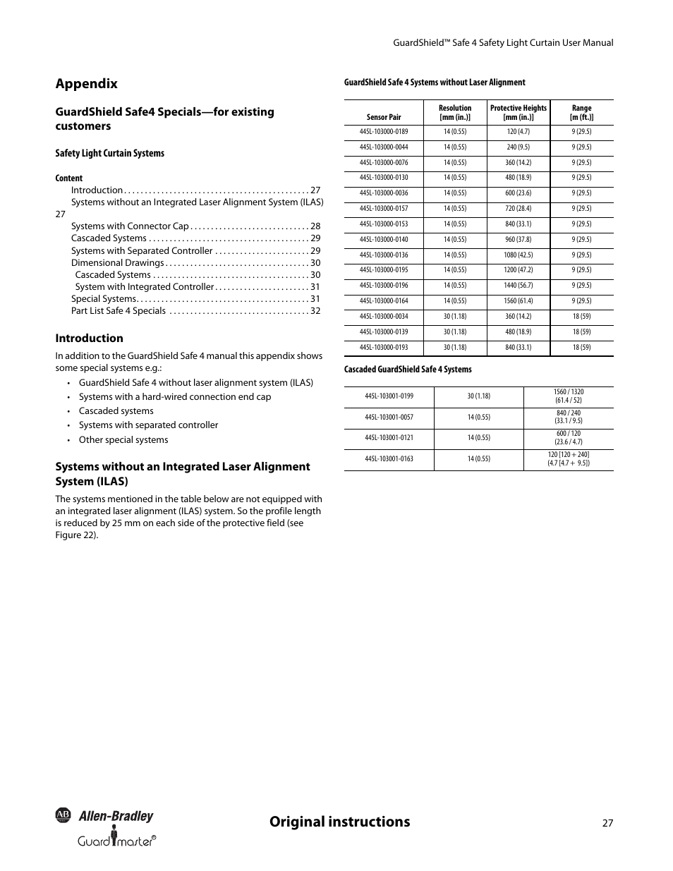 Original instructions, Appendix, Guardshield safe4 specials—for existing customers | Introduction | Rockwell Automation 445L GuardShield Safe 4 and Safe 4 PAC Safety Light Curtains User Manual User Manual | Page 29 / 40