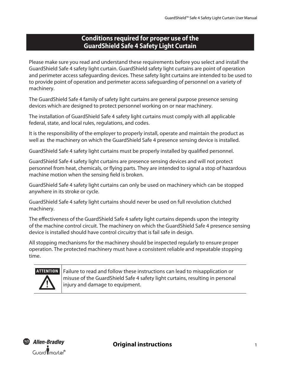 Gs safe4, Original instructions | Rockwell Automation 445L GuardShield Safe 4 and Safe 4 PAC Safety Light Curtains User Manual User Manual | Page 3 / 40