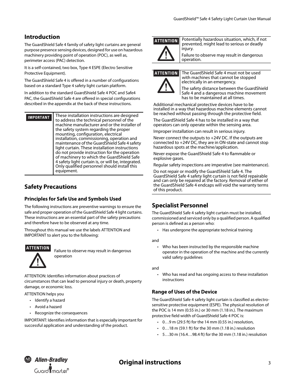 Original instructions, Introduction, Safety precautions | Specialist personnel | Rockwell Automation 445L GuardShield Safe 4 and Safe 4 PAC Safety Light Curtains User Manual User Manual | Page 5 / 40
