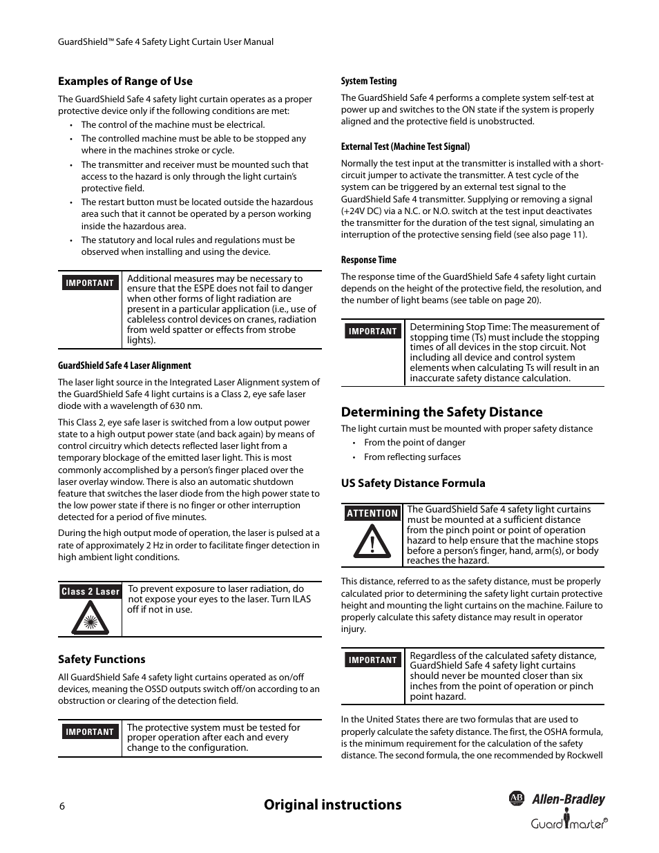 Original instructions, Determining the safety distance | Rockwell Automation 445L GuardShield Safe 4 and Safe 4 PAC Safety Light Curtains User Manual User Manual | Page 8 / 40