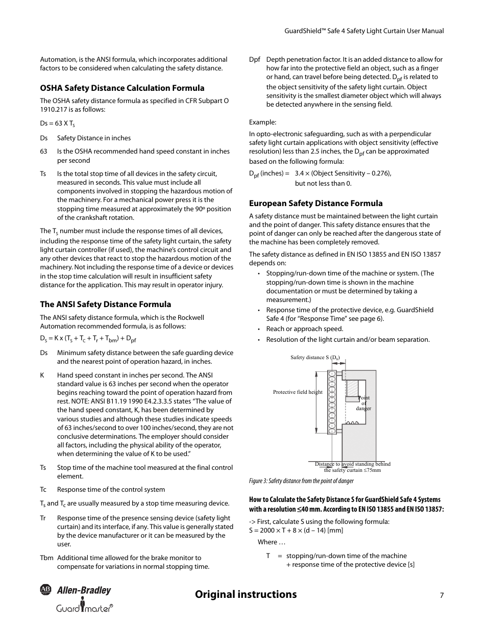 Original instructions, Osha safety distance calculation formula, The ansi safety distance formula | European safety distance formula | Rockwell Automation 445L GuardShield Safe 4 and Safe 4 PAC Safety Light Curtains User Manual User Manual | Page 9 / 40