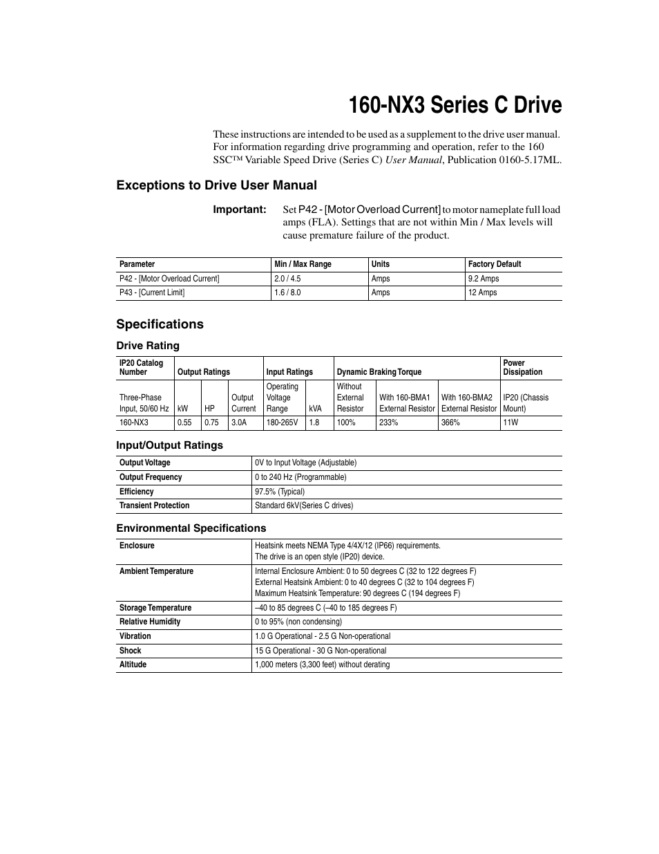 Exceptions to drive user manual, Specifications, Drive rating | Input/output ratings, Environmental specifications, Exceptions to drive user manual specifications, Nx3 series c drive | Rockwell Automation 160 Supplement-160-NX3 Chassis Mount Series C User Manual | Page 5 / 12