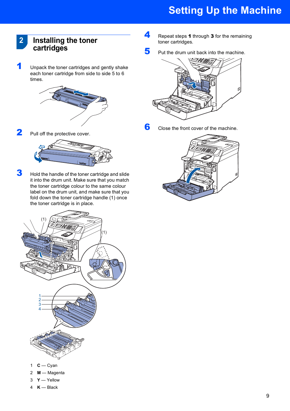 2 installing the toner cartridges, Installing the toner cartridges, Setting up the machine | 2installing the toner cartridges | Brother DCP 9040CN User Manual | Page 11 / 34