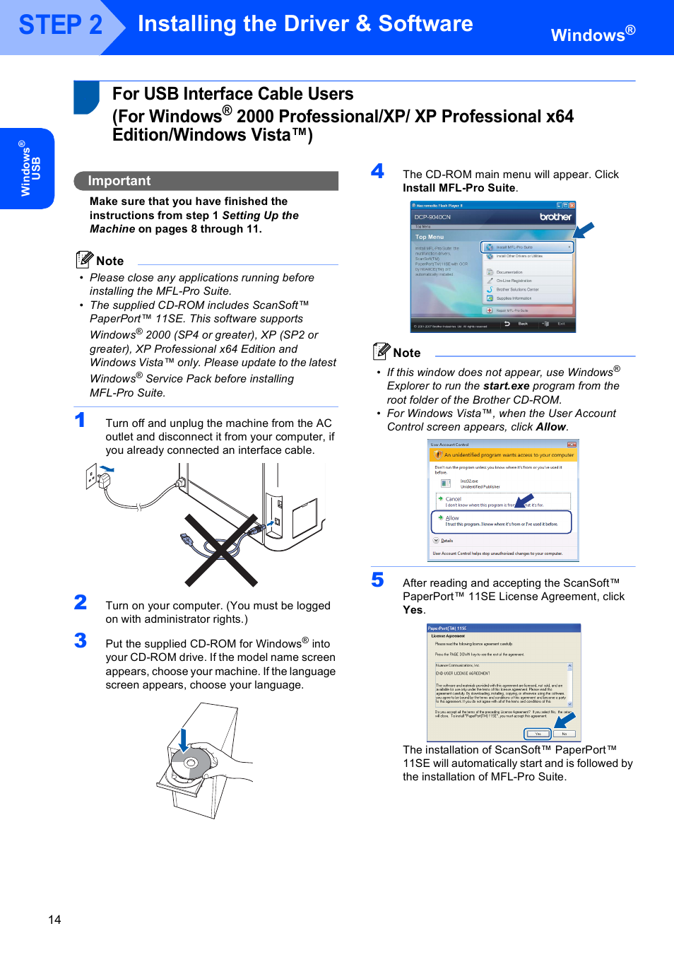 Windows, For usb interface cable users (for windows, For usb interface cable users | Step 2, Installing the driver & software, Important | Brother DCP 9040CN User Manual | Page 16 / 34