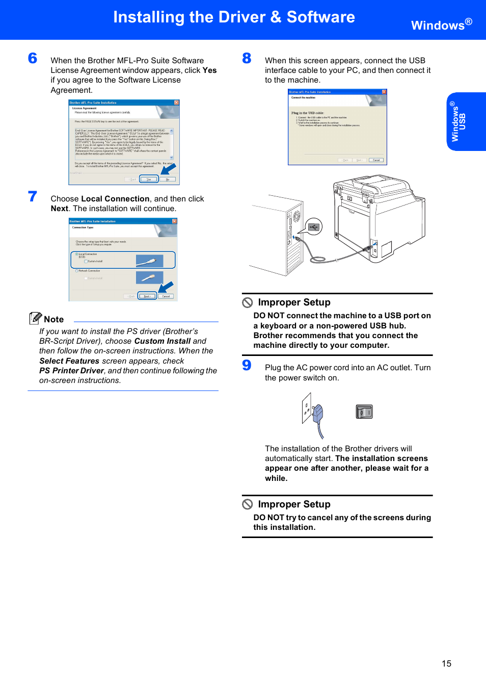 Installing the driver & software, Windows, Improper setup | Brother DCP 9040CN User Manual | Page 17 / 34