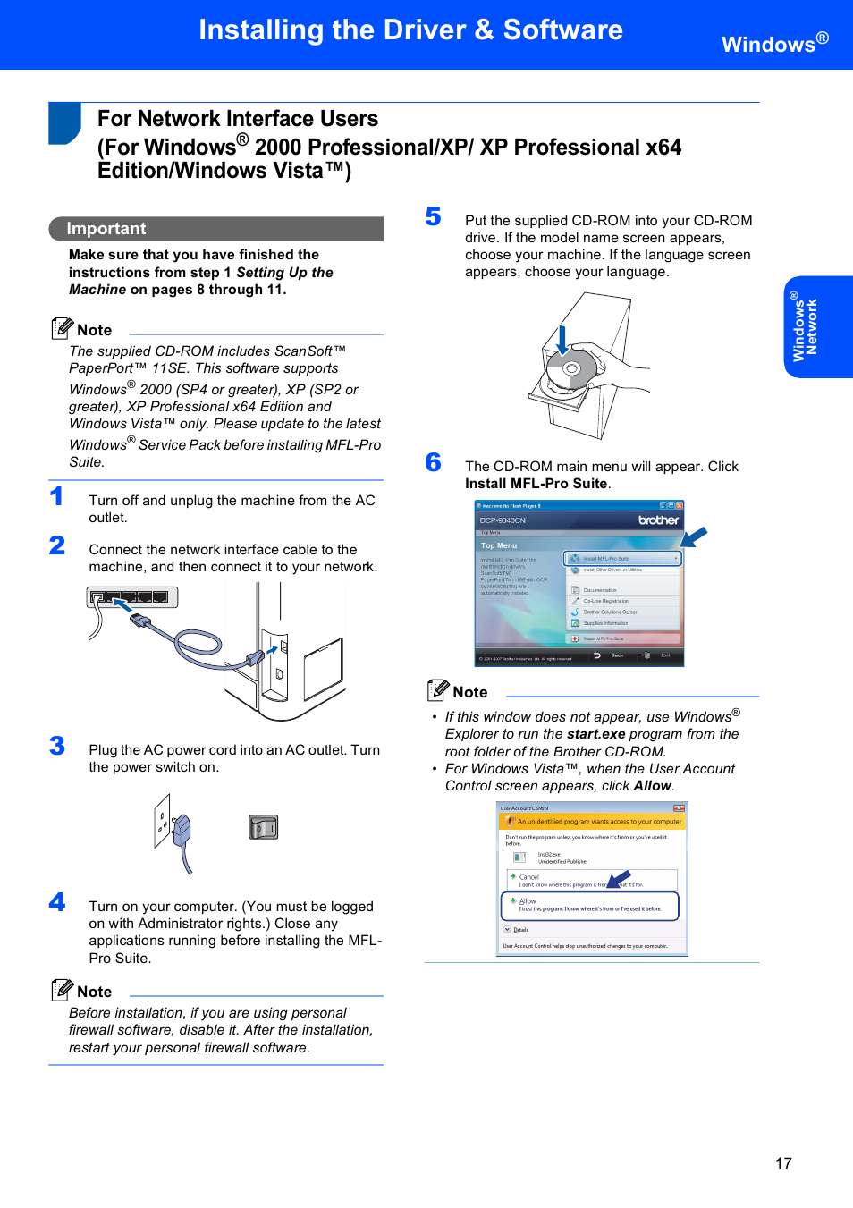 For network interface users (for windows, For network interface users, Installing the driver & software | Windows, Important | Brother DCP 9040CN User Manual | Page 19 / 34