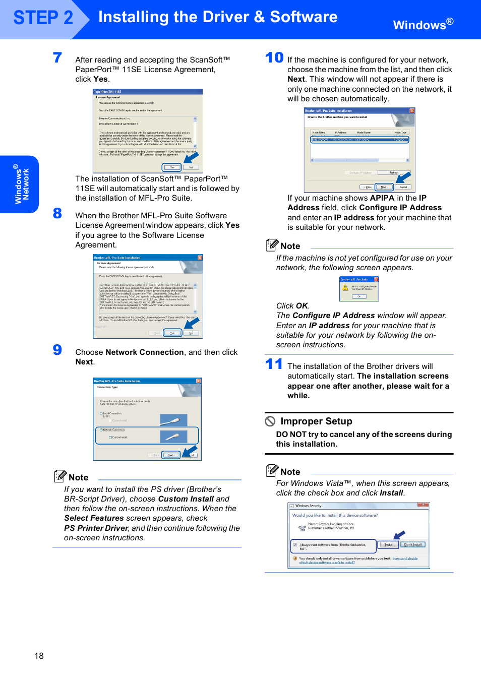 Step 2, Installing the driver & software, Windows | Improper setup | Brother DCP 9040CN User Manual | Page 20 / 34