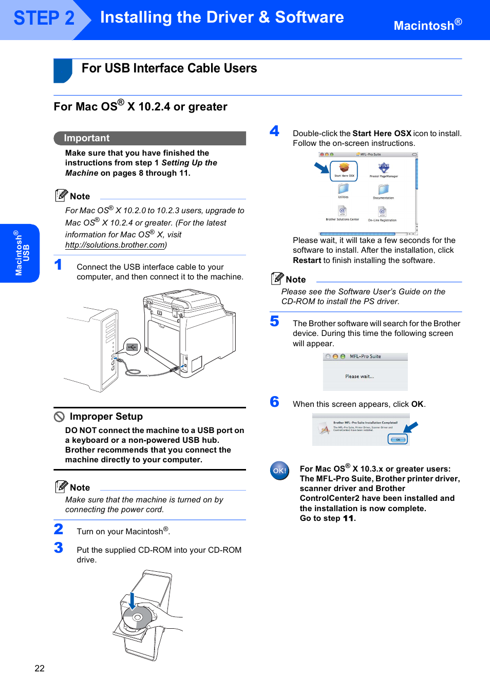 Macintosh, For usb interface cable users, For mac os® x 10.2.4 or greater | For mac os, X 10.2.4 or greater, Step 2, Installing the driver & software, Important, Improper setup | Brother DCP 9040CN User Manual | Page 24 / 34
