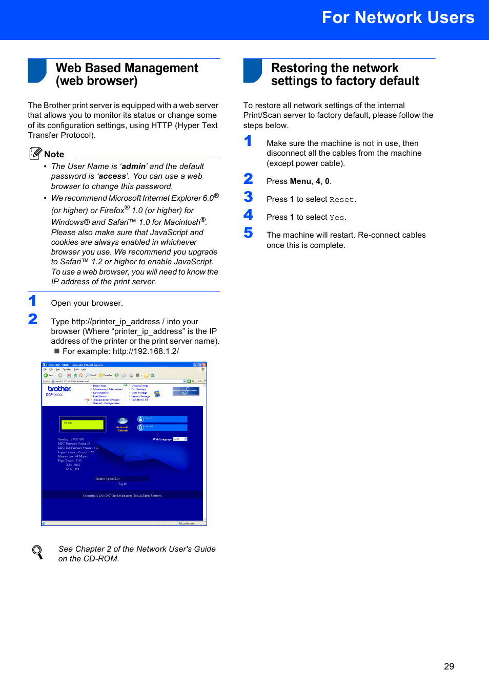 Web based management (web browser), Restoring the network settings to factory default, For network users | Brother DCP 9040CN User Manual | Page 31 / 34