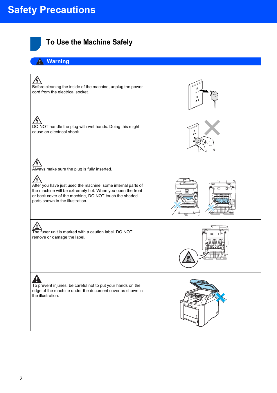 Safety precautions, To use the machine safely, Warning | Brother DCP 9040CN User Manual | Page 4 / 34