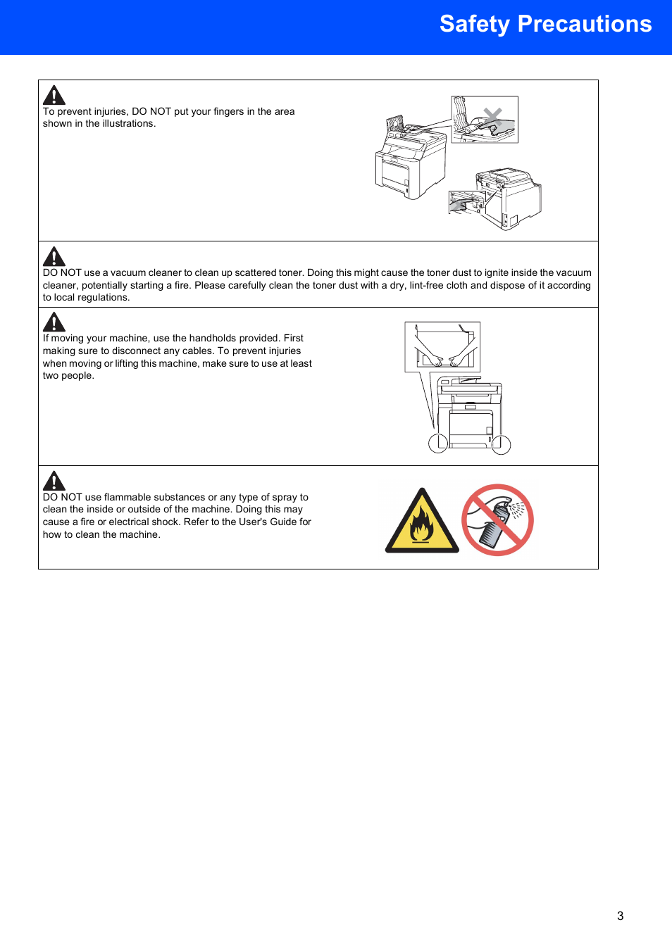 Safety precautions | Brother DCP 9040CN User Manual | Page 5 / 34