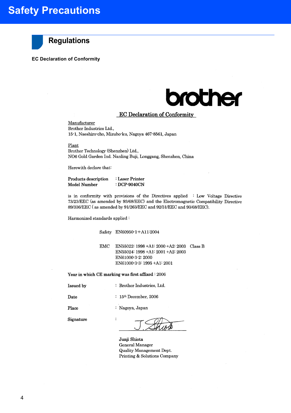 Regulations, Safety precautions | Brother DCP 9040CN User Manual | Page 6 / 34